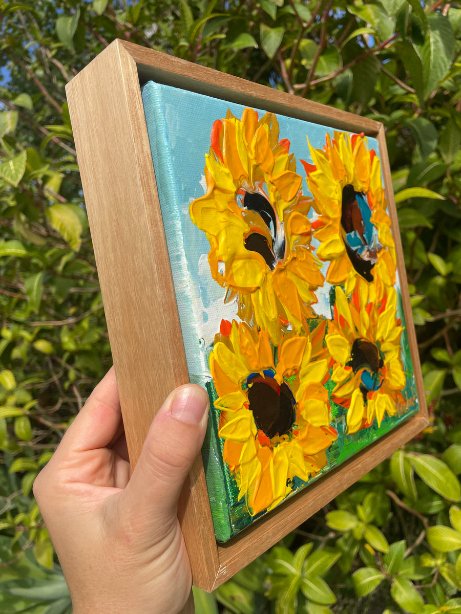 “Sunflowers” Original Painting Framed in Oak