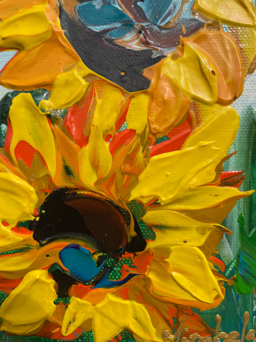 “Sunflowers” Original Painting Framed in Oak