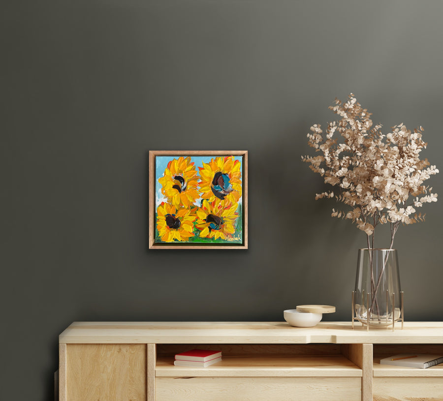 “Sunflowers” Original Painting Framed in Oak